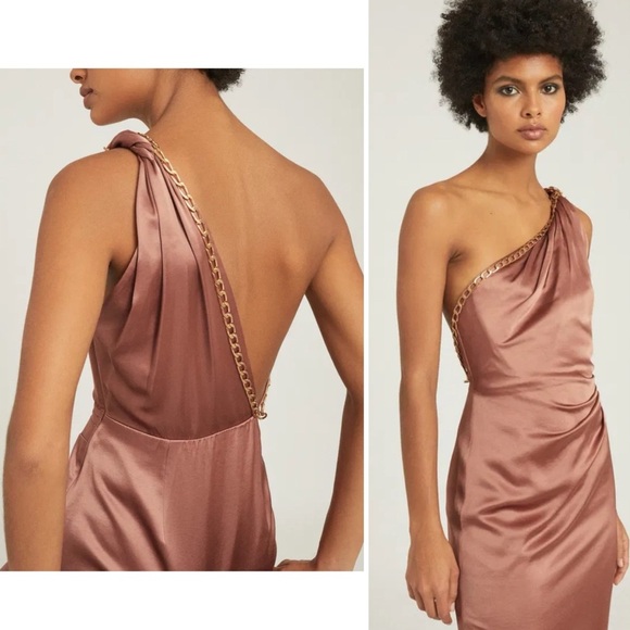 Reiss Adaline Satin Crepe Open Back Asymmetrical Chain Detail Cocktail Dress NEW - Picture 3 of 16